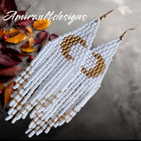 Beaded Earrings long dangly moons - Picture 2 of 2